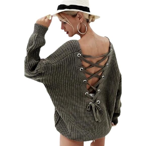 Oversized Lace Up Knit Pullover Sweater - Picture 3 of 10